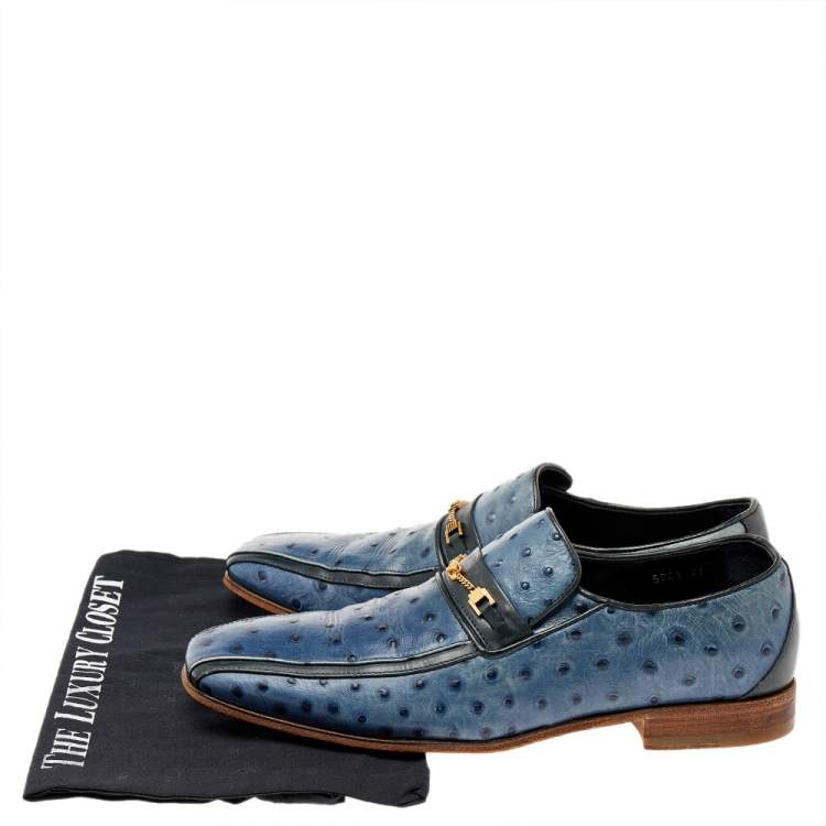 Pre Owned Versace Blue Ostrich Leather Medusa Chain Detail Loafers Size 41