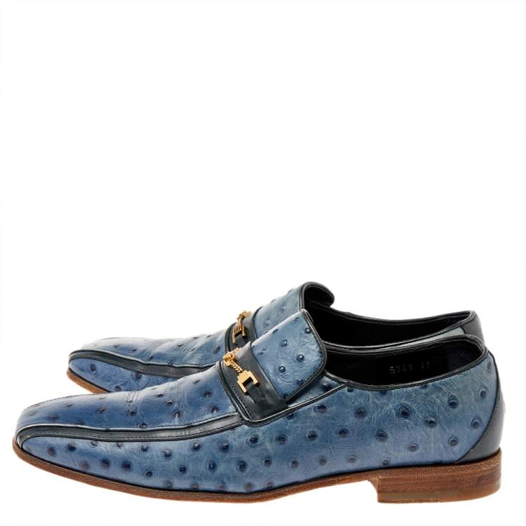 Pre Owned Versace Blue Ostrich Leather Medusa Chain Detail Loafers Size 41