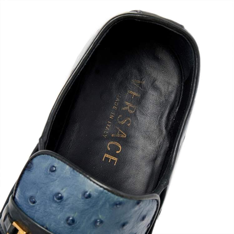 Pre Owned Versace Blue Ostrich Leather Medusa Chain Detail Loafers Size 41