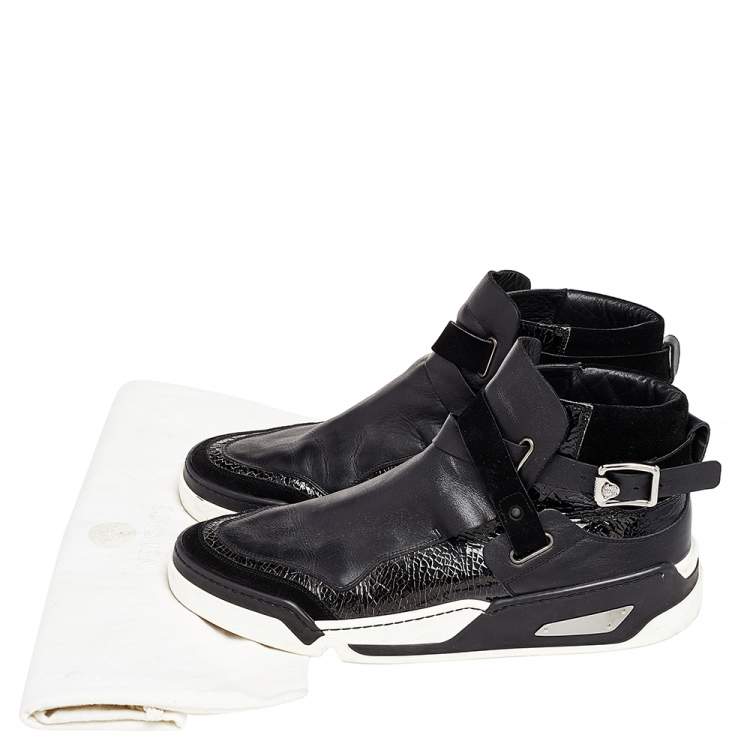 Pre Owned Versace Black Leather And Suede Buckle Detail High Top Sneakers Size 45