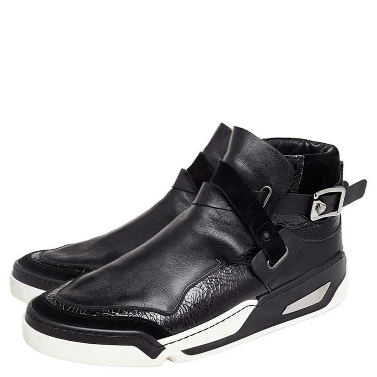 Pre Owned Versace Black Leather And Suede Buckle Detail High Top Sneakers Size 45