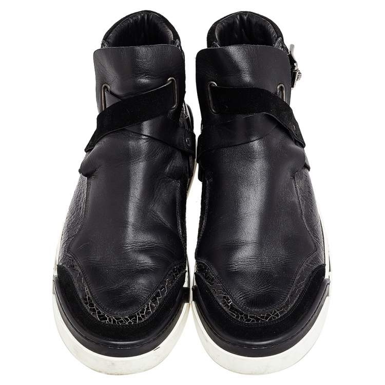 Pre Owned Versace Black Leather And Suede Buckle Detail High Top Sneakers Size 45