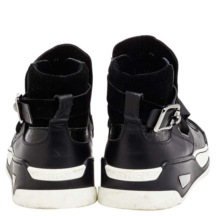 Pre Owned Versace Black Leather And Suede Buckle Detail High Top Sneakers Size 45