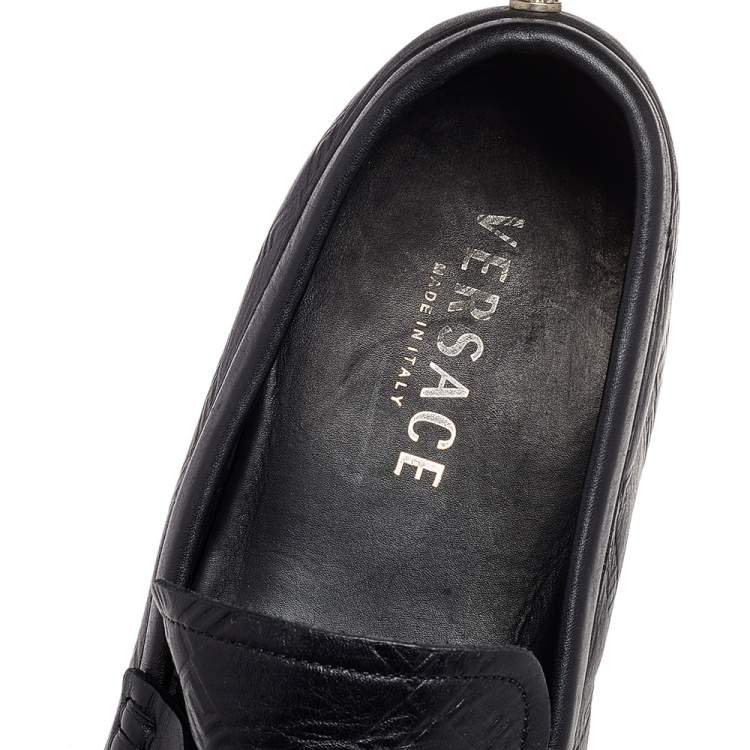 Pre Owned Versace Black Leather Penny Slip On Loafers Size 45