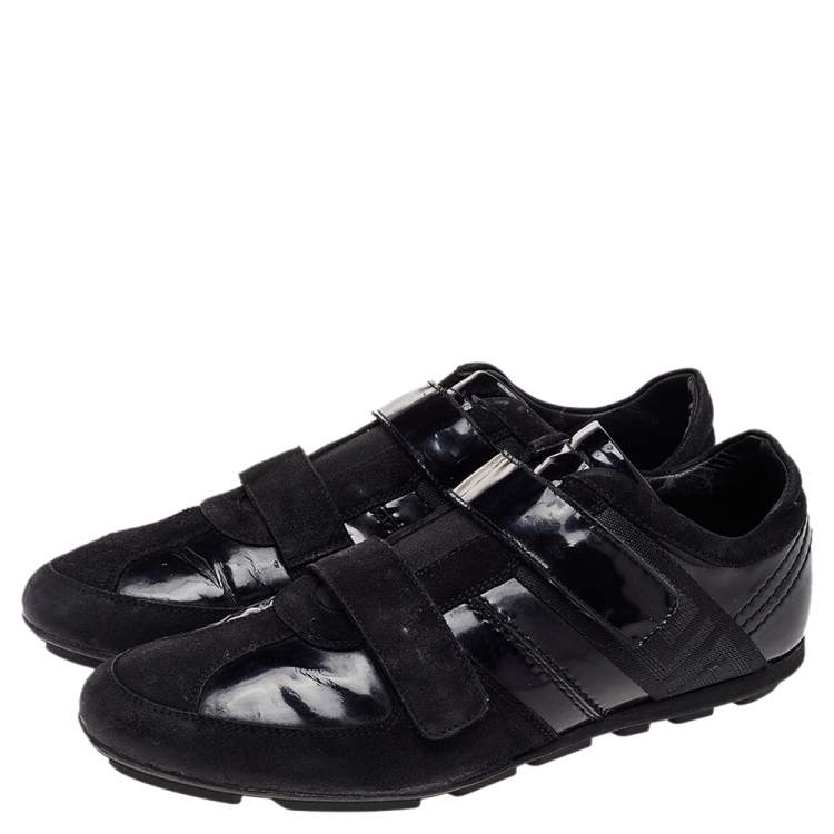 Pre Owned Versace Black Patent Leather And Suede Double Velcro Strap Low Top Sneakers Size 40