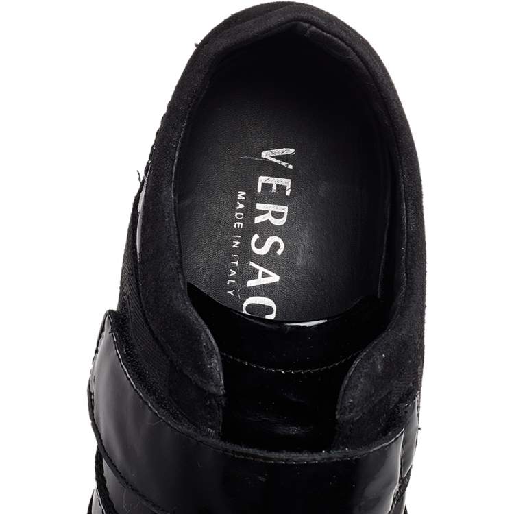 Pre Owned Versace Black Patent Leather And Suede Double Velcro Strap Low Top Sneakers Size 40