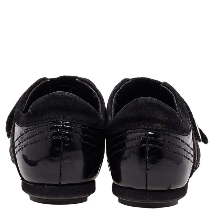Pre Owned Versace Black Patent Leather And Suede Double Velcro Strap Low Top Sneakers Size 40
