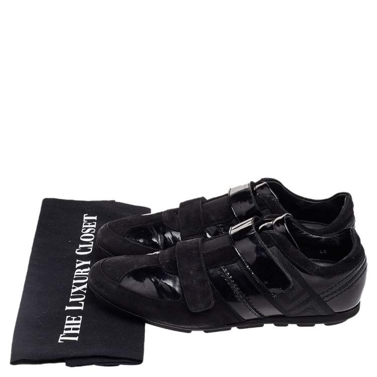 Pre Owned Versace Black Patent Leather And Suede Double Velcro Strap Low Top Sneakers Size 40