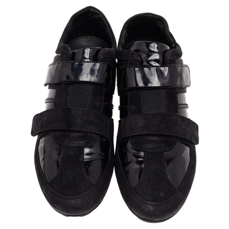 Pre Owned Versace Black Patent Leather And Suede Double Velcro Strap Low Top Sneakers Size 40