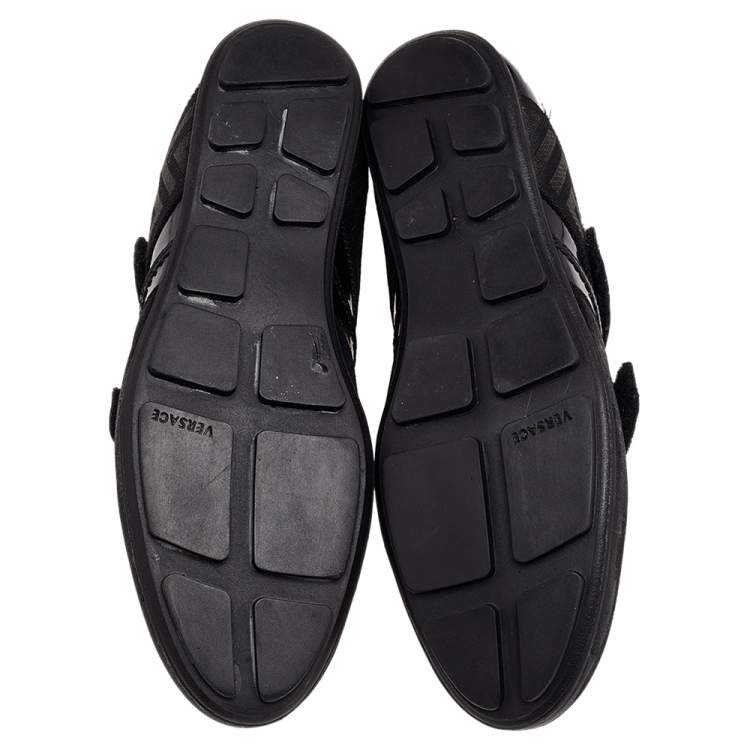 Pre Owned Versace Black Patent Leather And Suede Double Velcro Strap Low Top Sneakers Size 40