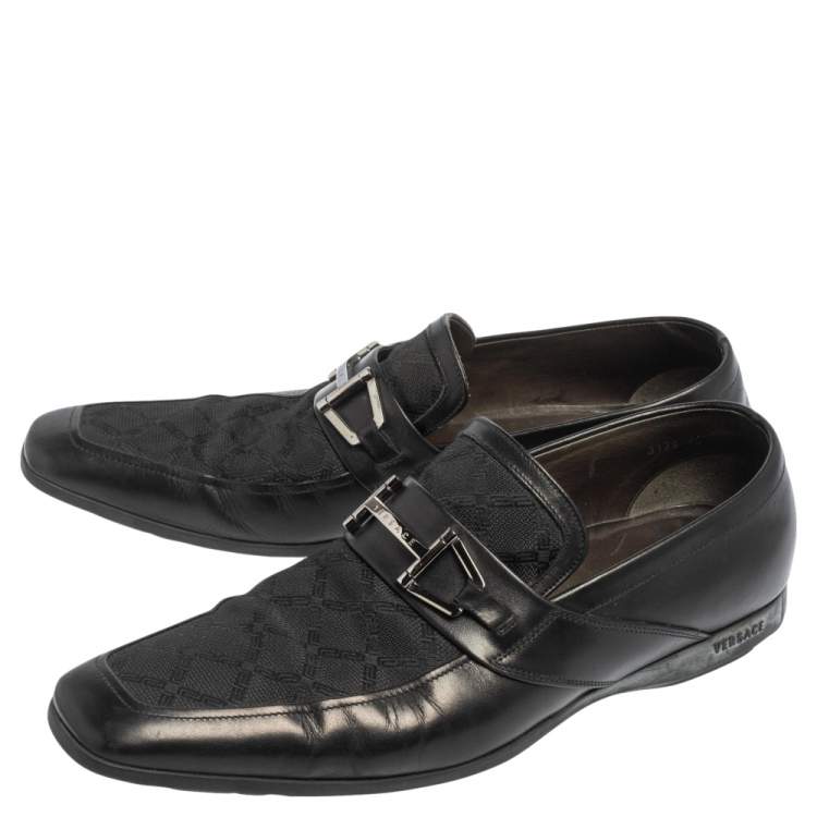 Pre Owned Versace Black Leather And Fabric Pointed Square Toe Loafers Size 40