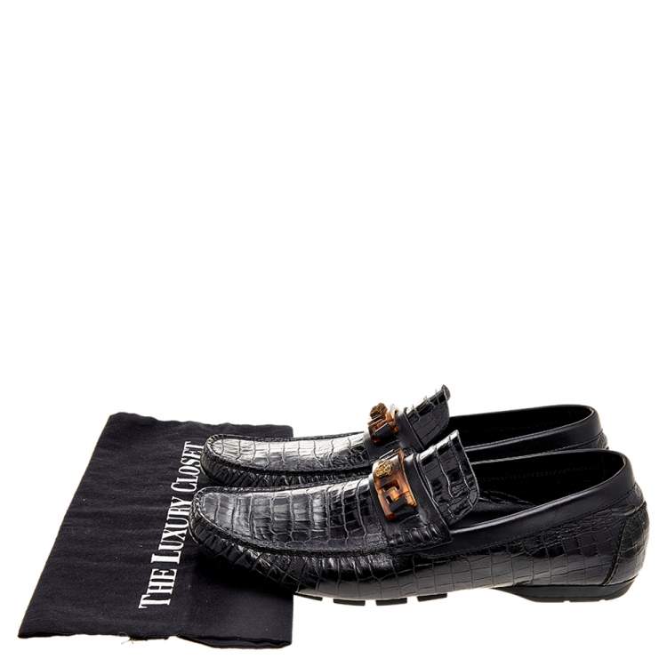 Pre Owned Versace Black Croc Embossed Leather Medusa Loafers Size 42