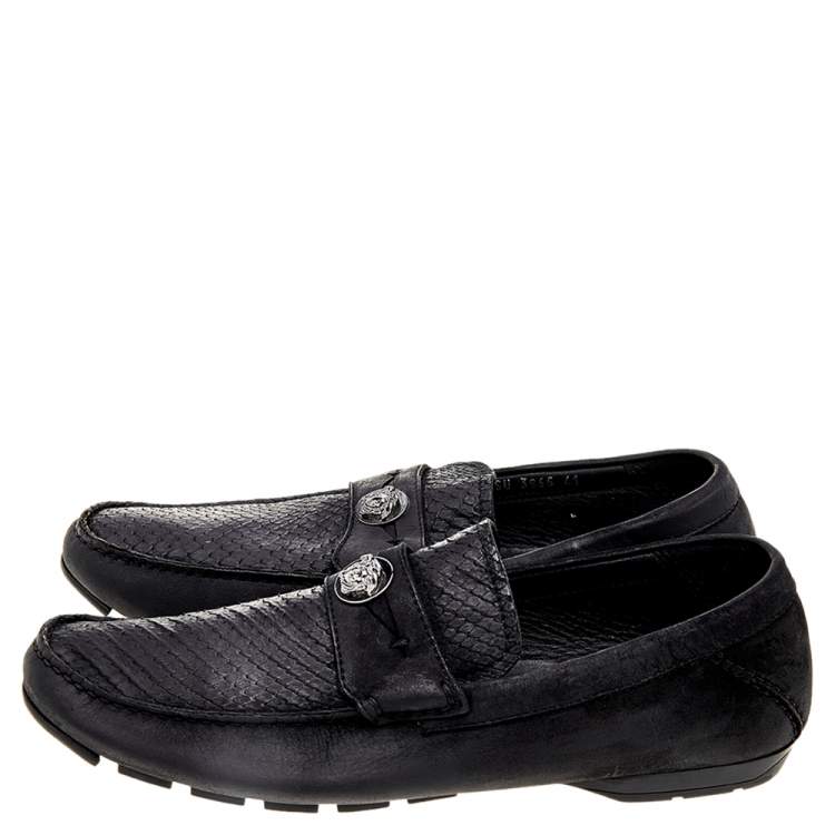 Pre Owned Versace Black Nubuck Leather and Python Medusa Loafers Size 41 