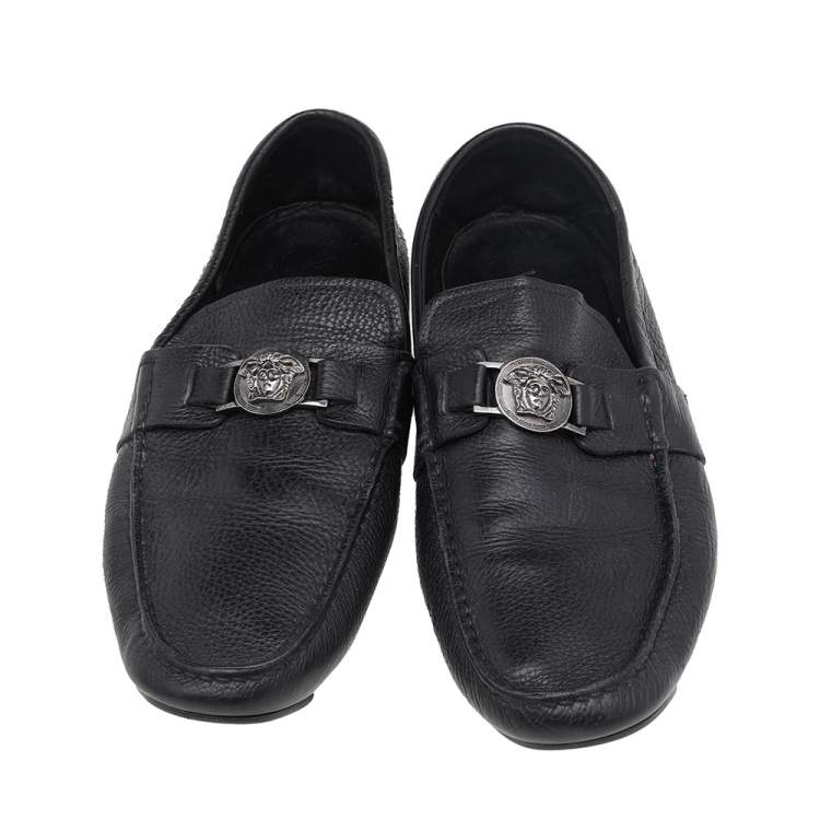 Pre Owned Versace Black Leather Medusa Slip On Loafers Size 44