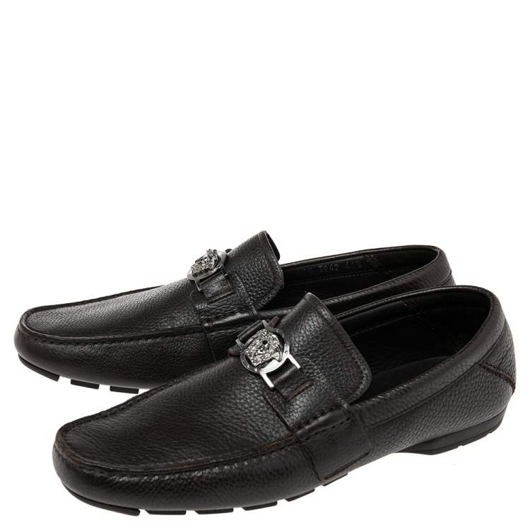 Pre Owned Versace Dark Brown Leather Medusa Embellished Slip On Loafers 41.5