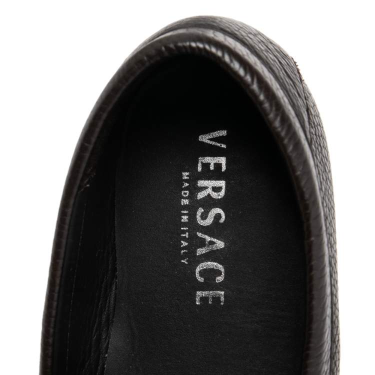 Pre Owned Versace Dark Brown Leather Medusa Embellished Slip On Loafers 41.5