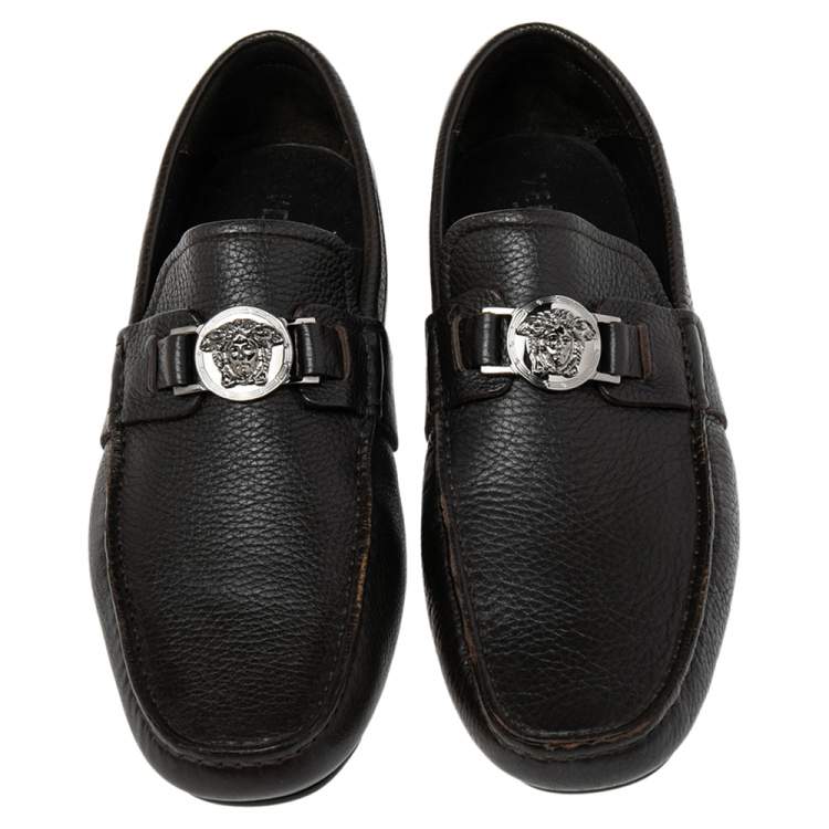 Pre Owned Versace Dark Brown Leather Medusa Embellished Slip On Loafers 41.5