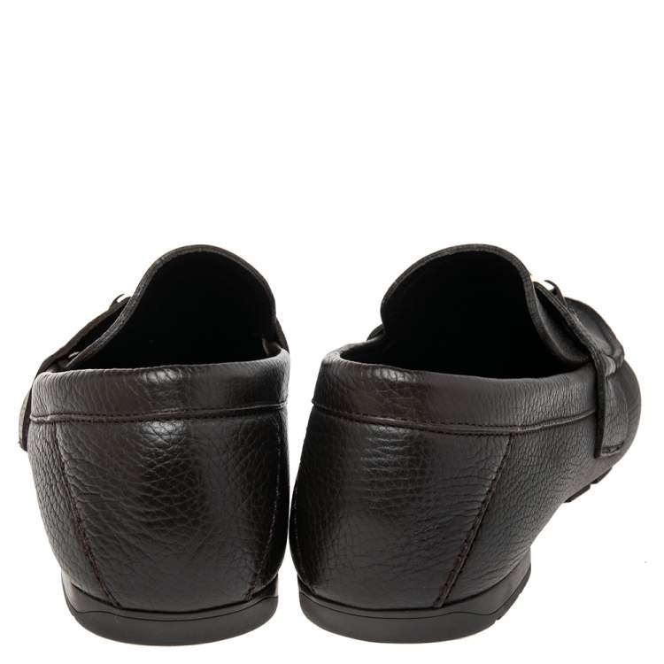 Pre Owned Versace Dark Brown Leather Medusa Embellished Slip On Loafers 41.5
