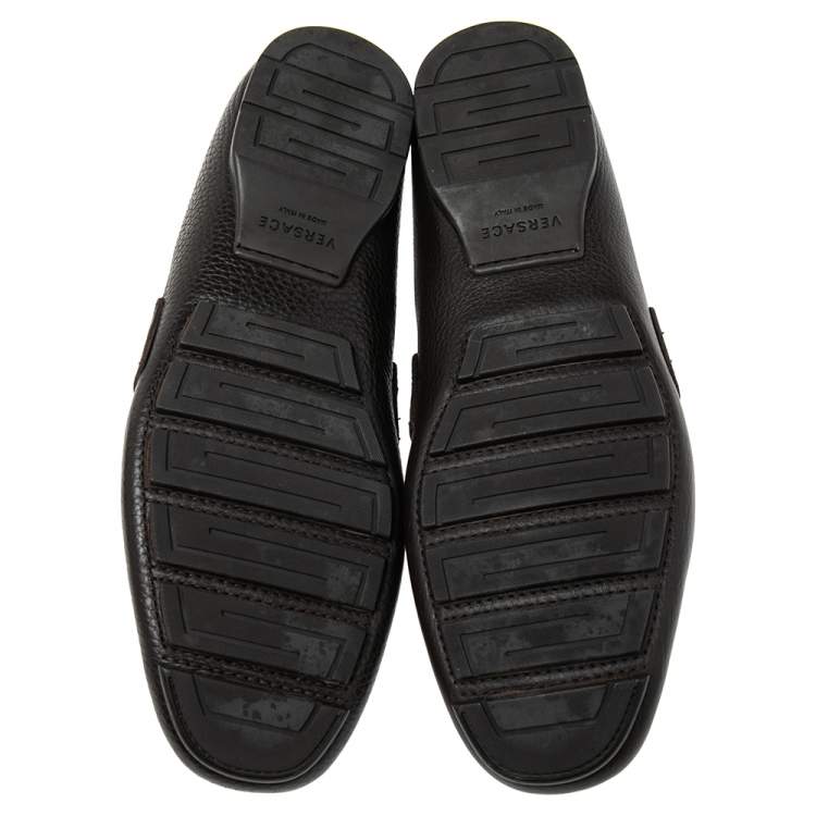 Pre Owned Versace Dark Brown Leather Medusa Embellished Slip On Loafers 41.5