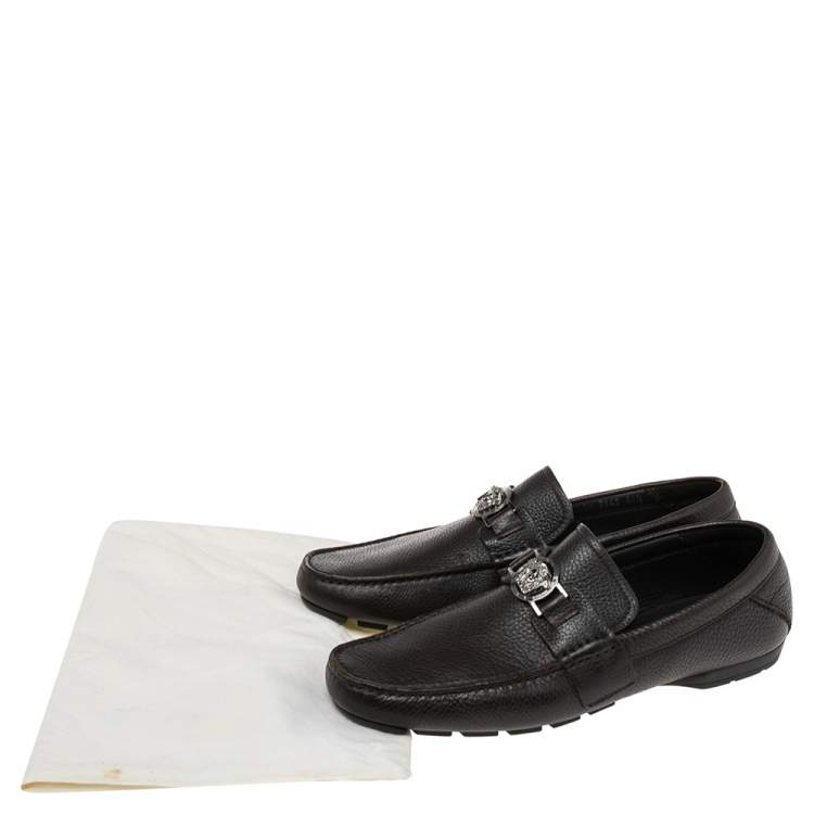 Pre Owned Versace Dark Brown Leather Medusa Embellished Slip On Loafers 41.5
