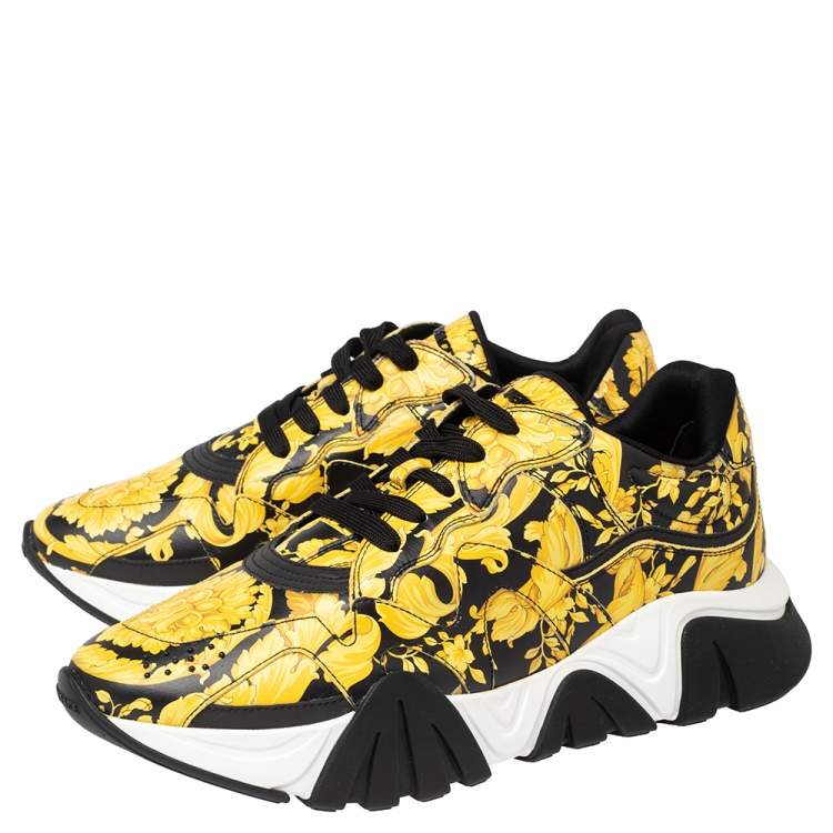 Pre Owned Versace Black/Yellow Barocco Print Leather Squalo Low Top Sneakers Size 43