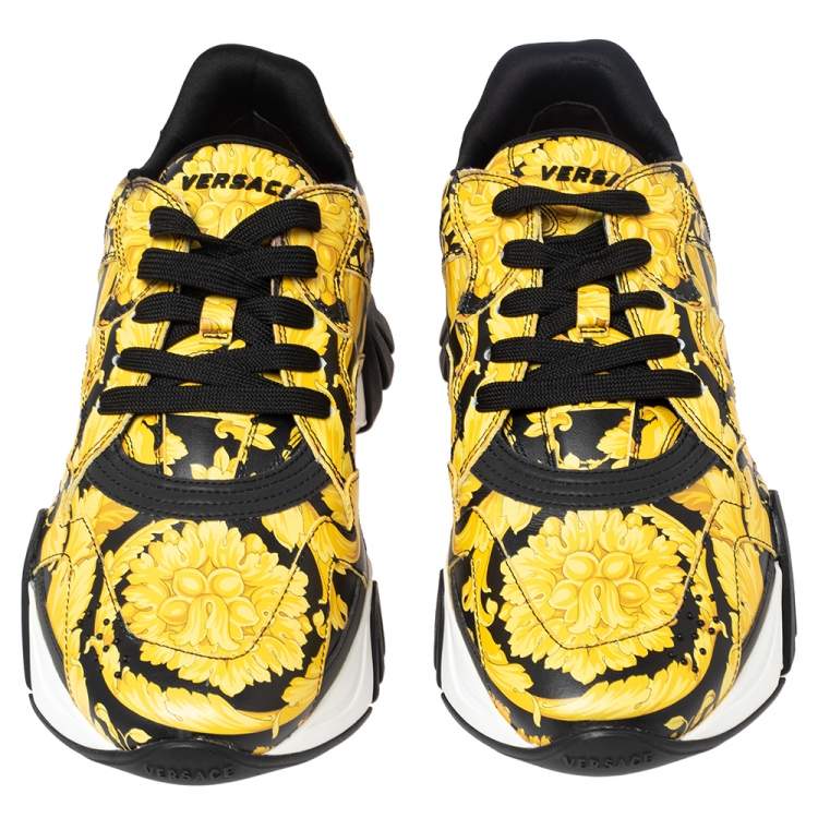Pre Owned Versace Black/Yellow Barocco Print Leather Squalo Low Top Sneakers Size 43