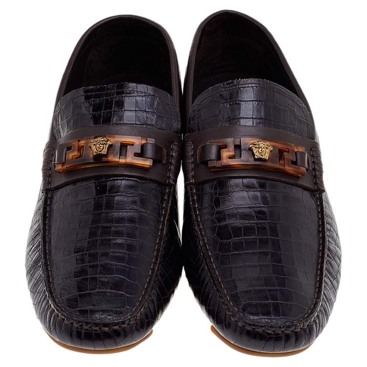 Pre Owned Versace Black/Brown Crocodile Leather Medusa Slip On Loafers Size 45