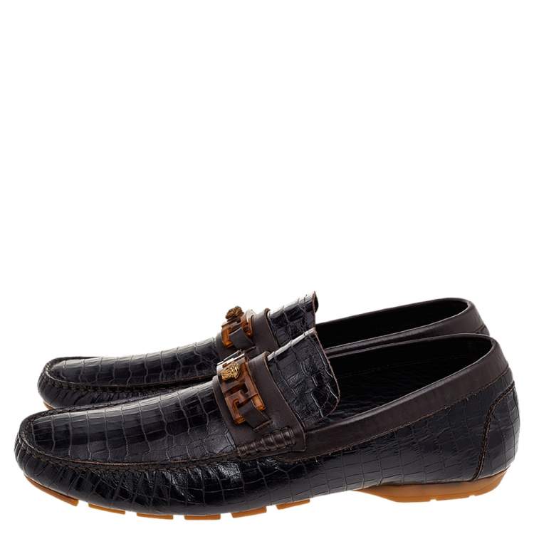 Pre Owned Versace Black/Brown Crocodile Leather Medusa Slip On Loafers Size 45