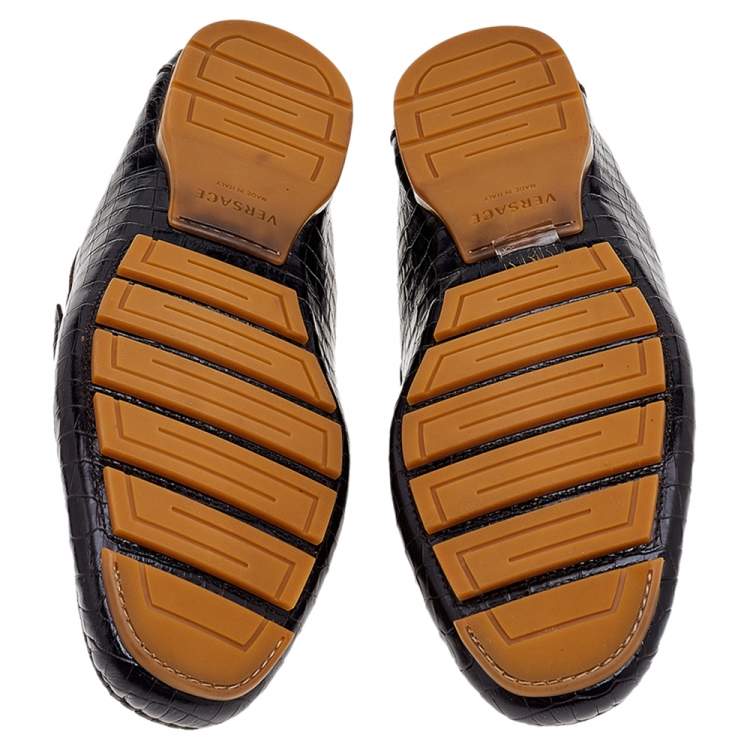 Pre Owned Versace Black/Brown Crocodile Leather Medusa Slip On Loafers Size 45