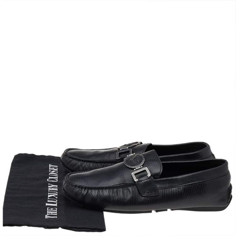 Pre Owned Versace Black Lizard Leather Medusa Slip On Loafers Size 41