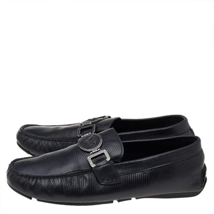 Pre Owned Versace Black Lizard Leather Medusa Slip On Loafers Size 41
