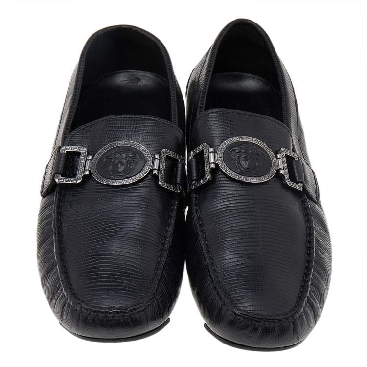 Pre Owned Versace Black Lizard Leather Medusa Slip On Loafers Size 41