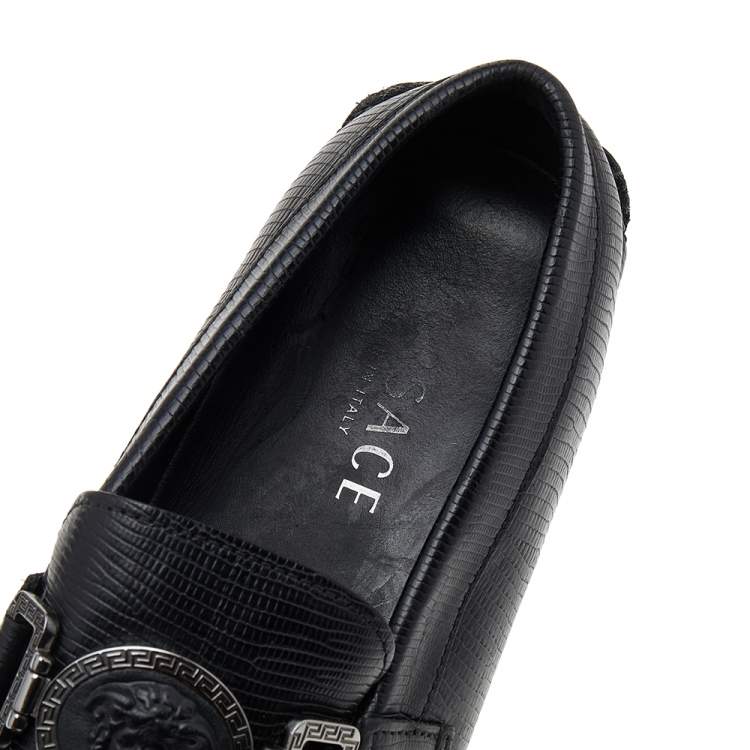 Pre Owned Versace Black Lizard Leather Medusa Slip On Loafers Size 41