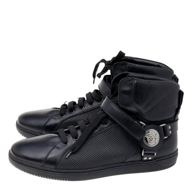 Pre Owned Versace Black Leather Medallion High Top Sneakers Size 44