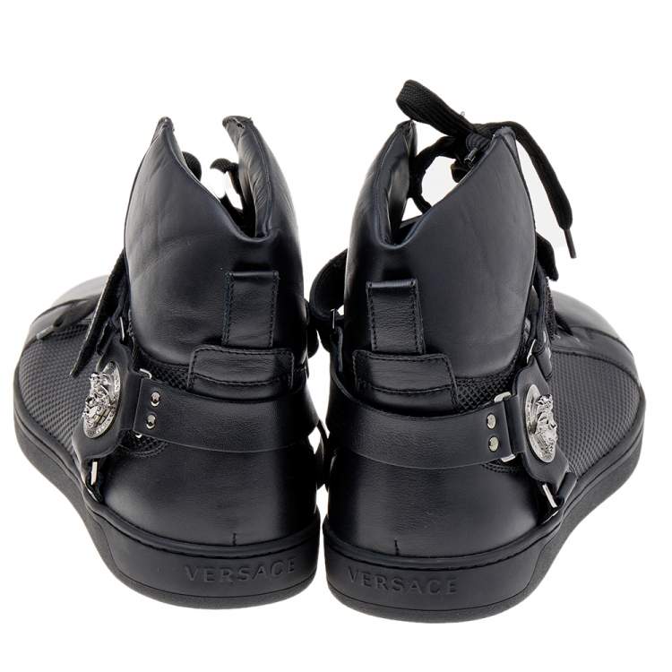Pre Owned Versace Black Leather Medallion High Top Sneakers Size 44