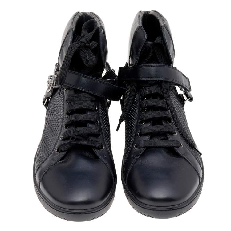 Pre Owned Versace Black Leather Medallion High Top Sneakers Size 44