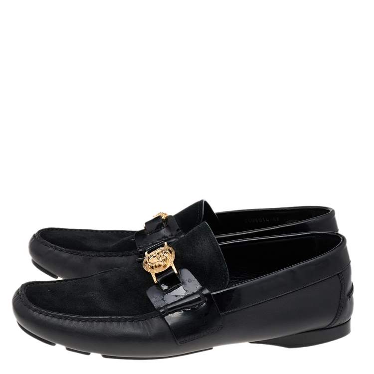 Pre Owned Versace Black Suede And Leather Medusa Embellished Slip On Loafers Size 44