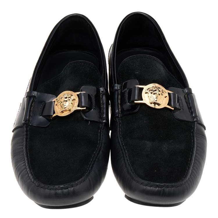 Pre Owned Versace Black Suede And Leather Medusa Embellished Slip On Loafers Size 44