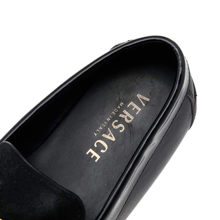 Pre Owned Versace Black Suede And Leather Medusa Embellished Slip On Loafers Size 44
