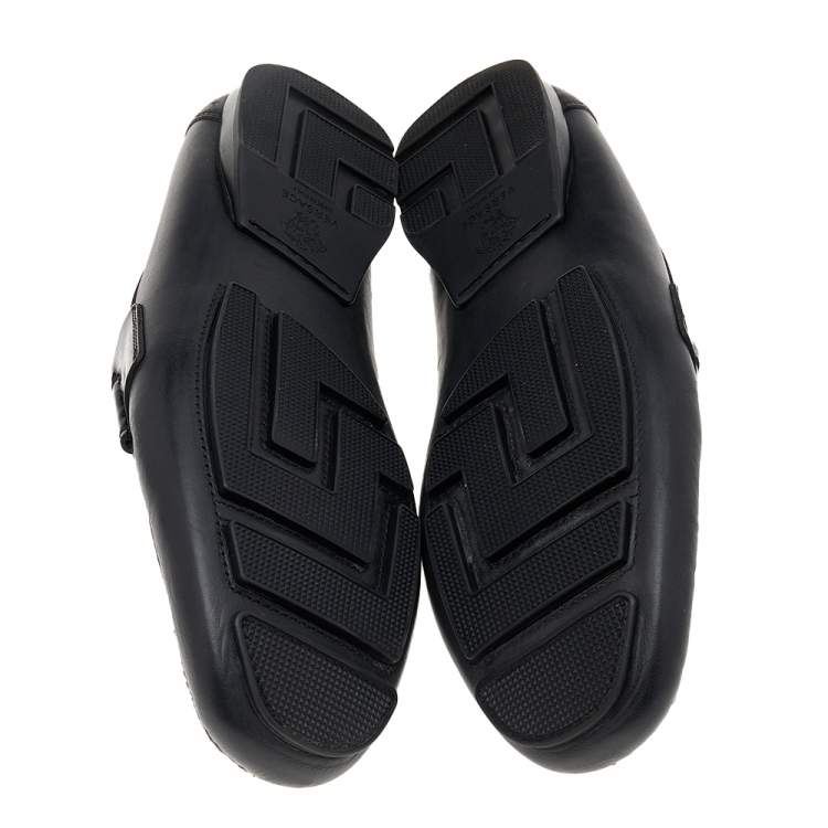Pre Owned Versace Black Suede And Leather Medusa Embellished Slip On Loafers Size 44