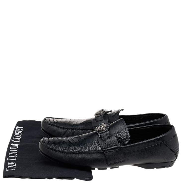 Pre Owned Versace Black Ostrich Leather Medusa Slip On Loafers Size 41