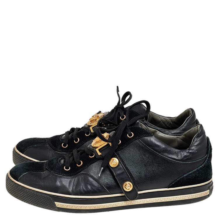 Pre Owned Versace Black Suede And Leather Medusa Low Top Sneakers Size 43