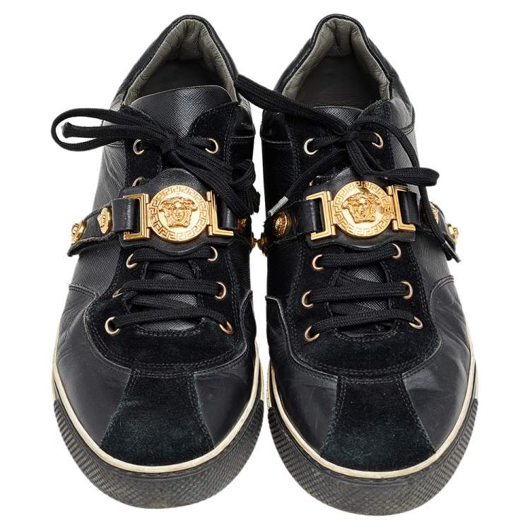 Pre Owned Versace Black Suede And Leather Medusa Low Top Sneakers Size 43