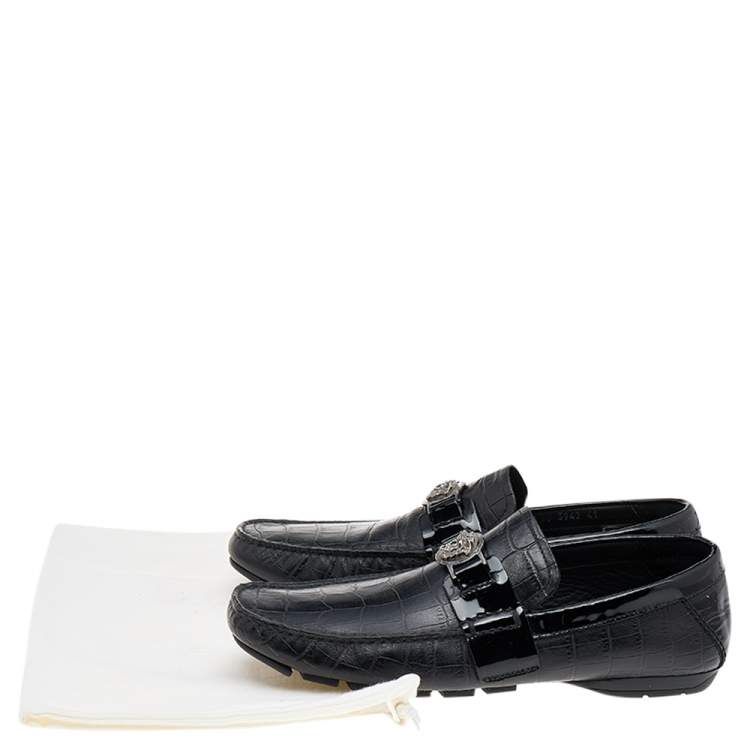 Pre Owned Versace Black Croc Embossed And Patent Leather Medusa Loafers Size 41