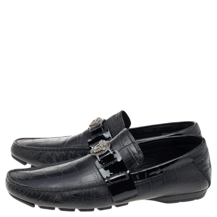 Pre Owned Versace Black Croc Embossed And Patent Leather Medusa Loafers Size 41