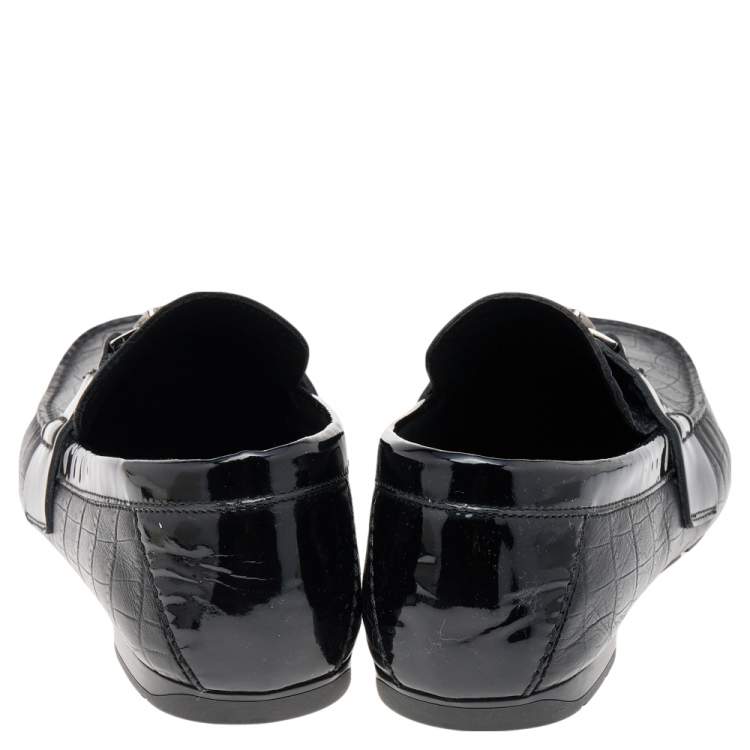 Pre Owned Versace Black Croc Embossed And Patent Leather Medusa Loafers Size 41