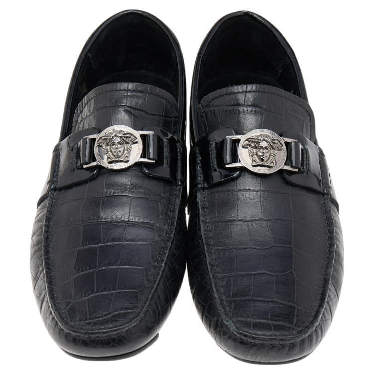Pre Owned Versace Black Croc Embossed And Patent Leather Medusa Loafers Size 41