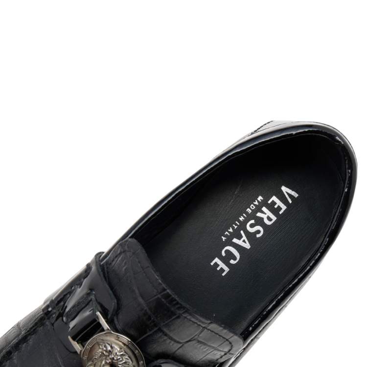 Pre Owned Versace Black Croc Embossed And Patent Leather Medusa Loafers Size 41