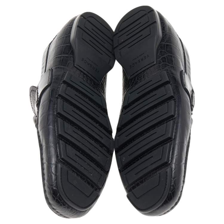 Pre Owned Versace Black Croc Embossed And Patent Leather Medusa Loafers Size 41