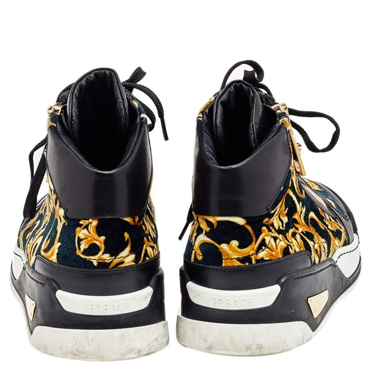 Pre Owned Versace Black/Gold Barocco Print Velvet And Leather Medusa High Top Sneakers Size 40.5